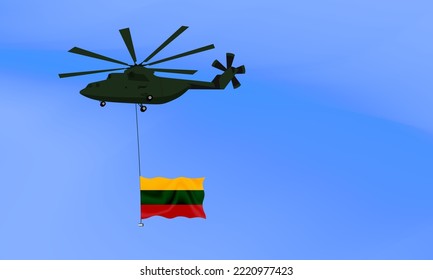 Helicóptero vuela con la bandera de Lituania, la bandera de Lituania en el cielo. Fiesta nacional. ilustración vectorial eps10