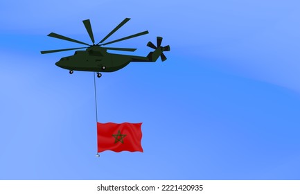 Helicóptero vuela con la bandera de Marruecos, la bandera de Marruecos en el cielo. Fiesta nacional. ilustración vectorial eps10