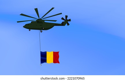 Helicopter flies with the flag of Romania, the flag of Romania in the sky. National holiday. vector illustration eps10