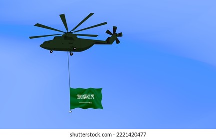 Helicopter flies with the flag of Saudi Arabia, the flag of Saudi Arabia in the sky. National holiday. vector illustration eps10