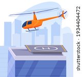 The helicopter flies over the helipad. Landing site on a skyscraper. Vector illustration.