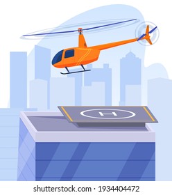 The helicopter flies over the helipad. Landing site on a skyscraper. Vector illustration.