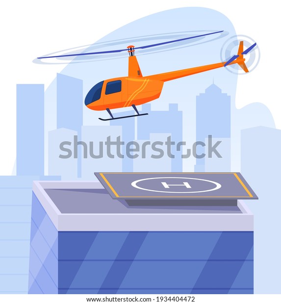 The helicopter flies over the\
helipad. Landing site on a skyscraper. Vector\
illustration.