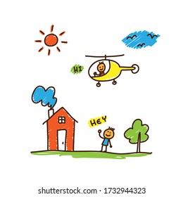 helicopter flies over the village, people greet each other, simple children's illustration