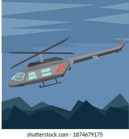 
helicopter flies in the sky over the mountains 