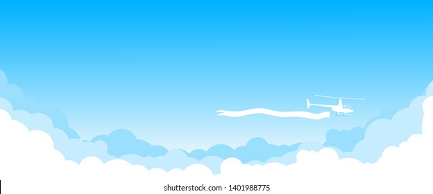 Helicopter flies through blue sky with clouds and carries waving banner. Vector horizontal banner