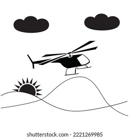 A helicopter in flight among clouds with the sun. Aviation, air tourism, the concept of adventures with a helicopter in the background. Cartoon vector illustration.