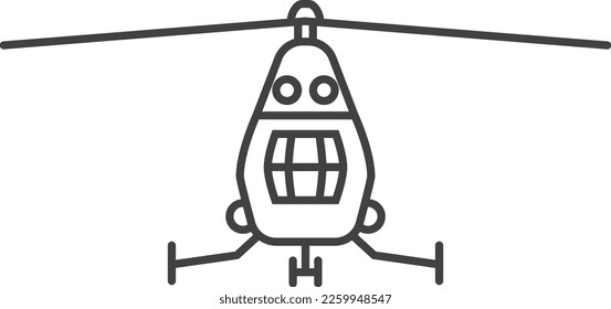 Vista frontal del vuelo de helicóptero. Icono de línea de transporte aéreo