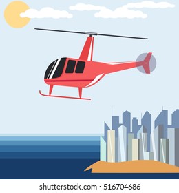 Helicopter in flight. Transport vehicle flying over the city, vector illustration