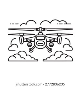 helicopter flying above clouds in black and white line art