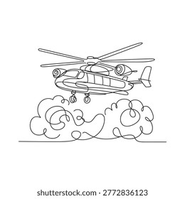 helicopter flying above clouds in continuous line art