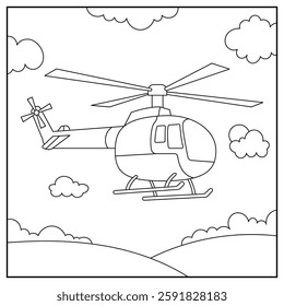 Helicopter flying above hills very simple coloring book page illustrations for kids