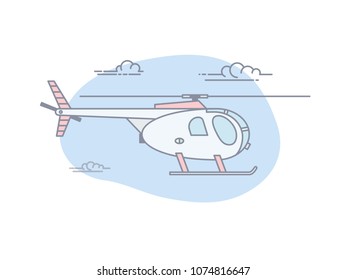 Helicopter Flying In Blue Sky With Clouds. Line Style Vector Illustration.