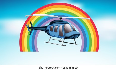 Helicopter flying in the blue sky with rainbow background illustration