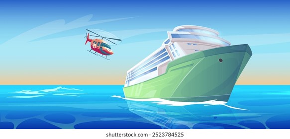 Helicóptero volando hasta el crucero en el mar o el océano de agua azul. Ilustración vectorial de dibujos animados del paisaje del puerto tropical con el Grande transatlántico blanco. Transporte náutico y Aéreas en día soleado.