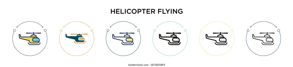 Icono de vuelo del helicóptero en estilo relleno, delgado, contorno y trazo. Ilustración vectorial de dos íconos vectoriales voladores de helicópteros coloridos y negros se puede utilizar para móviles, ui, web