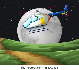 Helicóptero volando sobre la ilustración de la noche de luna llena