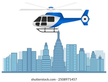 ็็Helicóptero. Helicóptero sobrevoando a cidade. Ilustração de vetor.