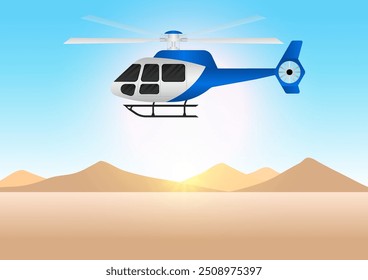 ็็Helicóptero. Helicóptero sobrevoando o deserto. Ilustração de vetor.