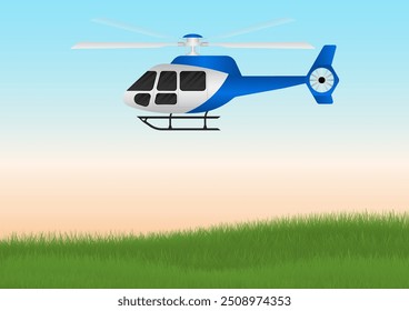 ็็Helicóptero. Helicóptero sobrevoando a terra. Ilustração de vetor.