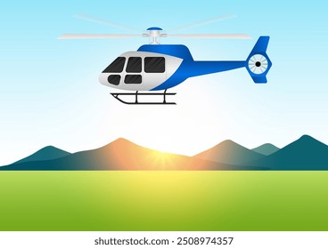 ็็Helicóptero. Helicóptero sobrevoando a terra. Ilustração de vetor.