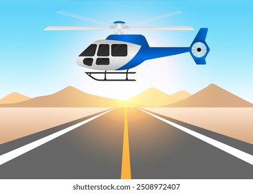 ็็Helicóptero. Helicóptero Sobrevoando a Estrada. Ilustração de vetor.