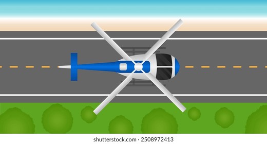 ็็Helicóptero. Helicóptero Sobrevoando a Estrada. Ilustração de vetor.