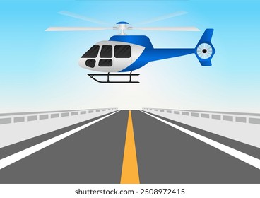 ็็Helicóptero. Helicóptero Sobrevoando a Estrada. Ilustração de vetor.