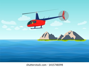 Helicopter is flying over the sea. Vector illustration.