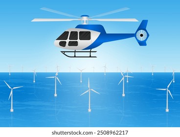 ็็Helicóptero. Helicóptero sobrevoando o mar. Ilustração de vetor.