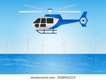 ็็Helicóptero. Helicóptero sobrevoando o mar. Ilustração de vetor.