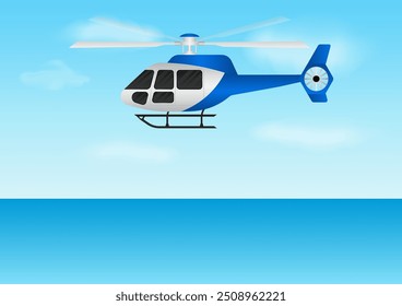 ็็Helicóptero. Helicóptero sobrevoando o mar. Ilustração de vetor.