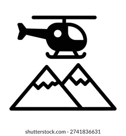 Helicopter flying over snow capped mountains outline