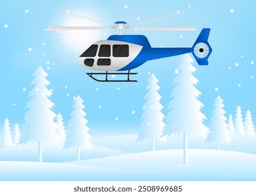 ็็Helicóptero. Helicóptero Voando Sobre Paisagens Nevadas. Ilustração de vetor.