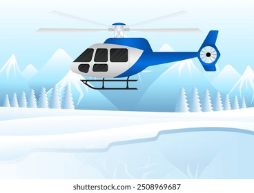 ็็Helicóptero. Helicóptero Voando Sobre Paisagens Nevadas. Ilustração de vetor.