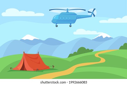 Helicopter flying over tent standing on forest path. Cartoon vector illustration. Picturesque mountainous landscape, hiking, tourist flight above ground. Travel, nature, flight, adventure concept