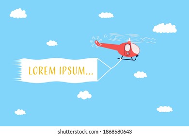 Helicopter. Flying in the sky and a banner with text. vector illustration of flat style.