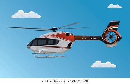 Helicopter flying in sky, Helicopter fly in clouds, Flying Chopper Air Transportation. Private helicopter . Flat Vector realistic Illustration on blue sky background.