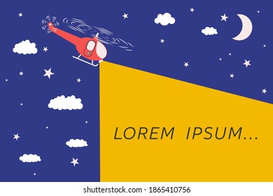 Helicopter Flying In The Sky Light From The Searchlight. Space For Text, Banner, Or Poster. Vector Illustration.