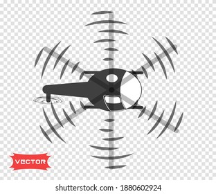 Helicopter, flying with spinning propellers, blade with a ladder. Rescuer. Silhouette. Vector.