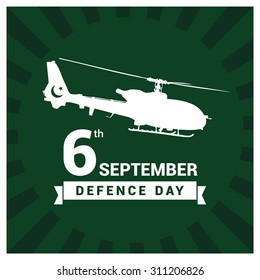 Helicopter Flying with Typography 6th September Defence Day ribbon banner Green template. Pakistan Defense Day. Celebration Card. Illustration