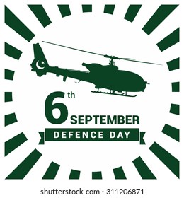 Helicopter Flying with Typography 6th September Defence Day ribbon banner Green badge. Pakistan Defense Day. Celebration Card. Illustration