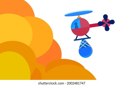 helicopter forest firefighters fight bush fire dry forest burning trees fire natural disaster concept intense orange flame Horizontal Vector Illustration