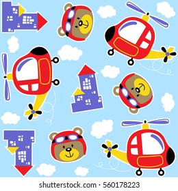 Helicopter with funny bear pilot, buildings and clouds in pattern background style, vector cartoon illustration