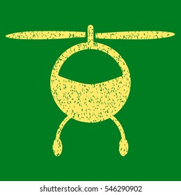 Helicopter grainy textured icon for overlay watermark stamps. Flat symbol with dirty texture. Dotted vector yellow ink rubber seal stamp with grunge design on a green background.