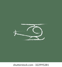 Helicopter hand drawn in chalk on a blackboard vector white icon isolated on a green background.