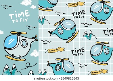 helicopter hand drawn time to fly seamless set 