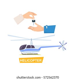 Helicopter and hand passing key vector in flat style. Process of buying or renting helicopter. Illustration of giving key and autogyro. Agreement trade purchase selling concept in cartoon design