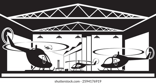 Helicopter hangar at airport - vector illustration