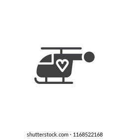 Helicopter with heart vector icon. filled flat sign for mobile concept and web design. charity delivery simple solid icon. Symbol, logo illustration. Pixel perfect vector graphics